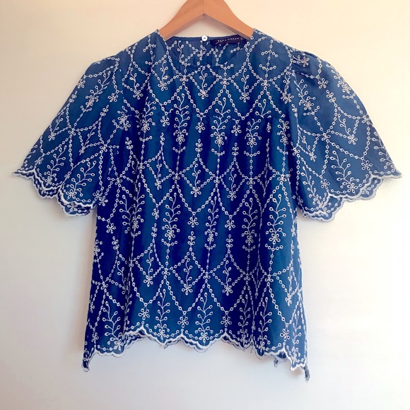Zara Sz M embroidered blue Scalloped Shirt Top - Picture 3 of 15